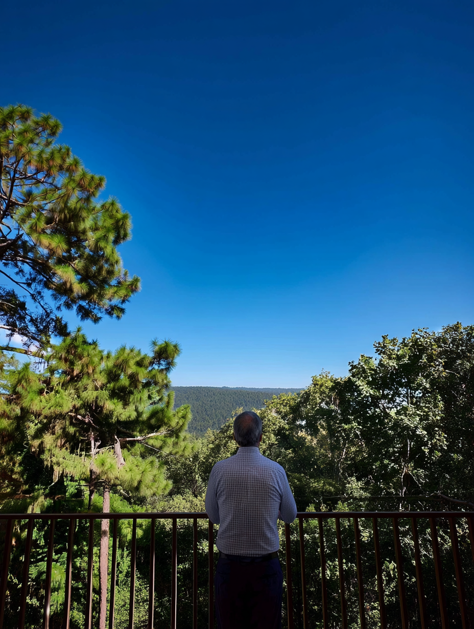 Dr. Fernando Estrada de espaldas, contemplando un paisaje de montaña